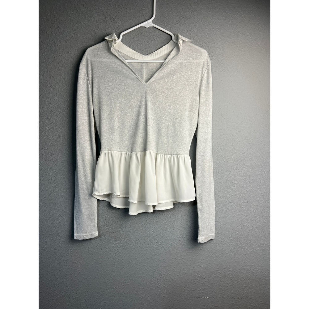 GB Silver Metallic Shimmer Peplum Top White Collar Long Sleeve M Fairy Princess